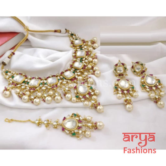 Rajwadi Ruby Bridal Kundan Necklace Set with Pearl Drops