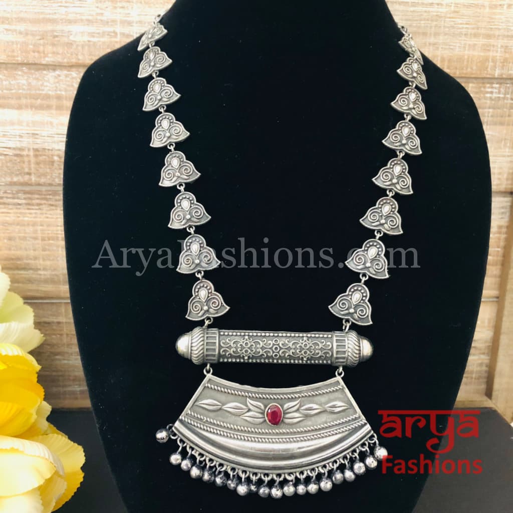 Rajwadi Style Oxidized Silver Long Necklace/ Tribal Necklace with colored Stones