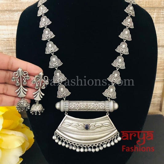 Rajwadi Style Oxidized Silver Long Necklace/ Tribal Necklace with colored Stones