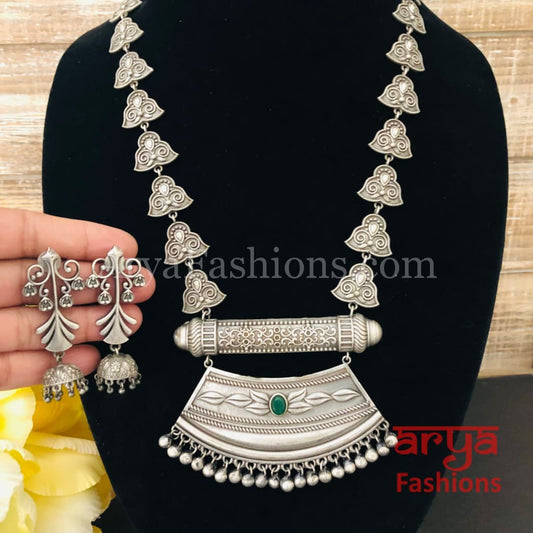 Rajwadi Style Oxidized Silver Long Necklace/ Tribal Necklace with colored Stones