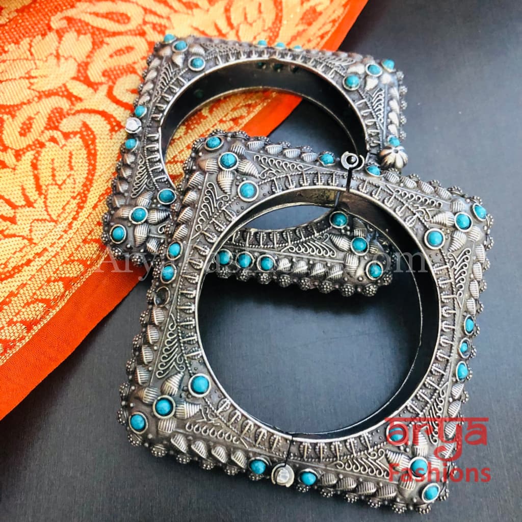 Rajwadi Tribal Silver Oxidized Bracelet colored stones/ Ethnic Bracelet/Boho 