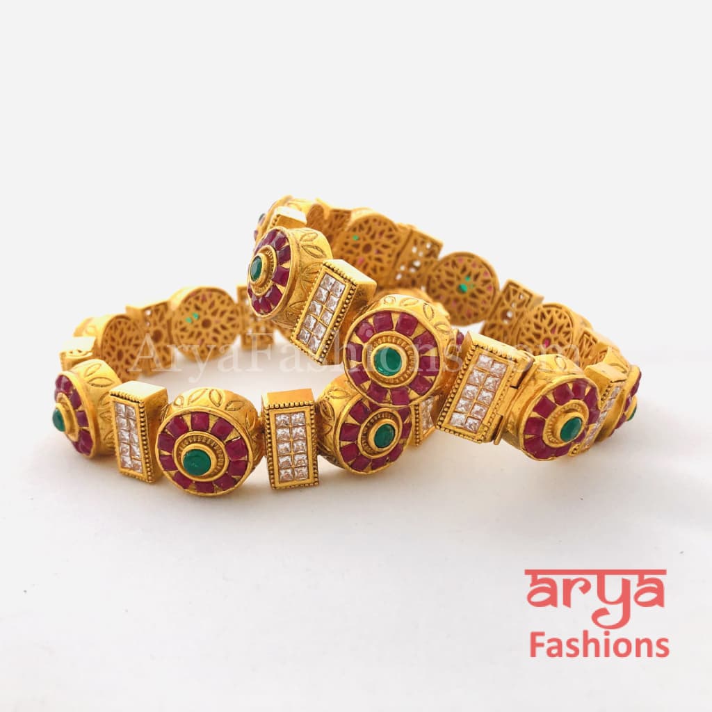 Rani Ruby Emerald Kundan Bangles Bracelets/ Openable Kada/ Pair of 2