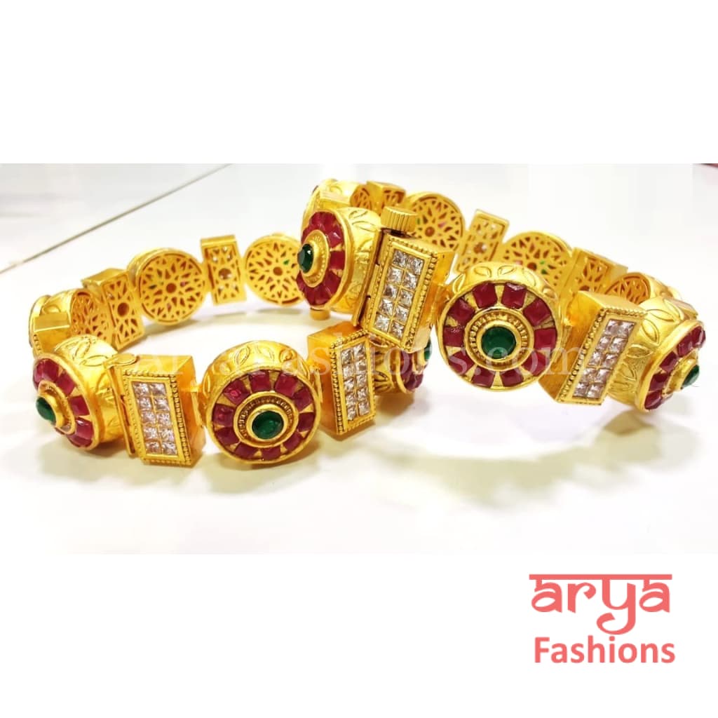 Rani Ruby Emerald Kundan Bangles Bracelets/ Openable Kada/ Pair of 2