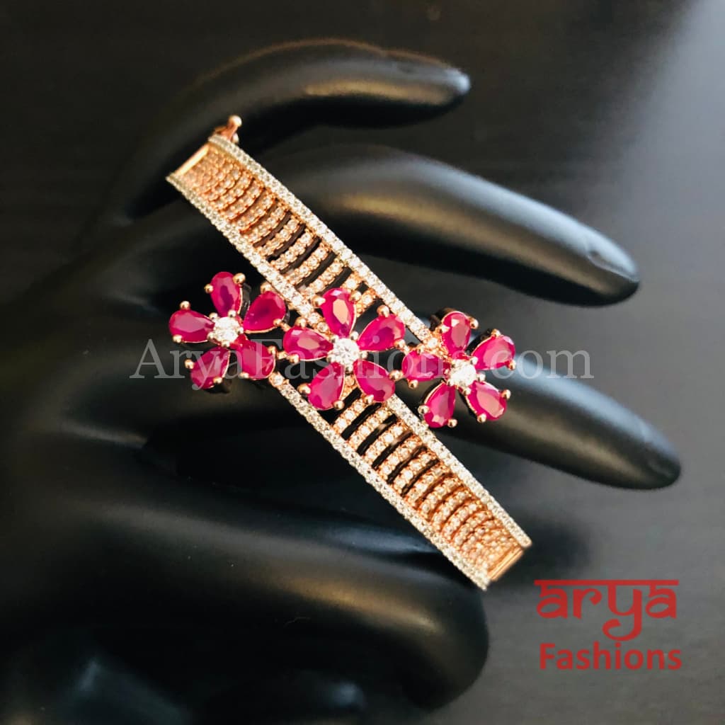 Rashi Rose Gold Ruby Pink Cubic Zirconia Flower Bracelet
