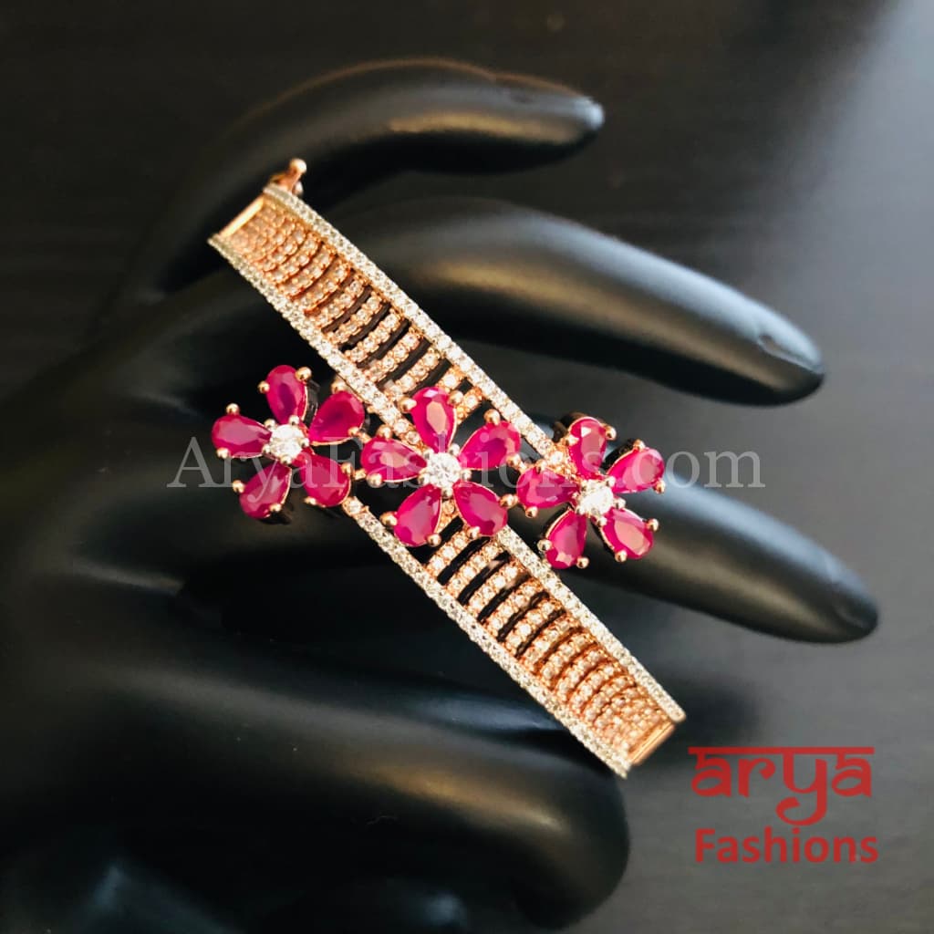 Rashi Rose Gold Ruby Pink Cubic Zirconia Flower Bracelet
