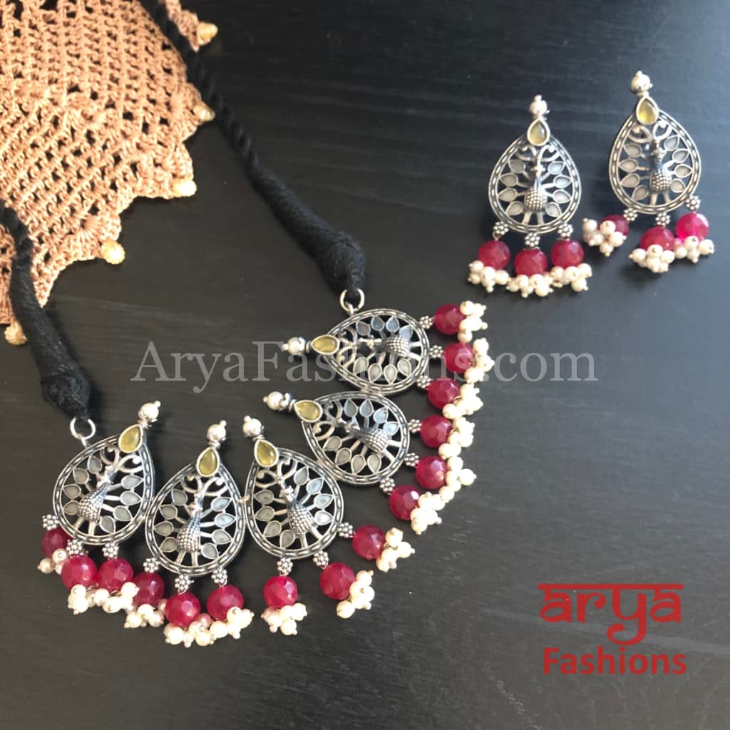 Red and Green beads Oxidized Silver Necklace with Earrings
