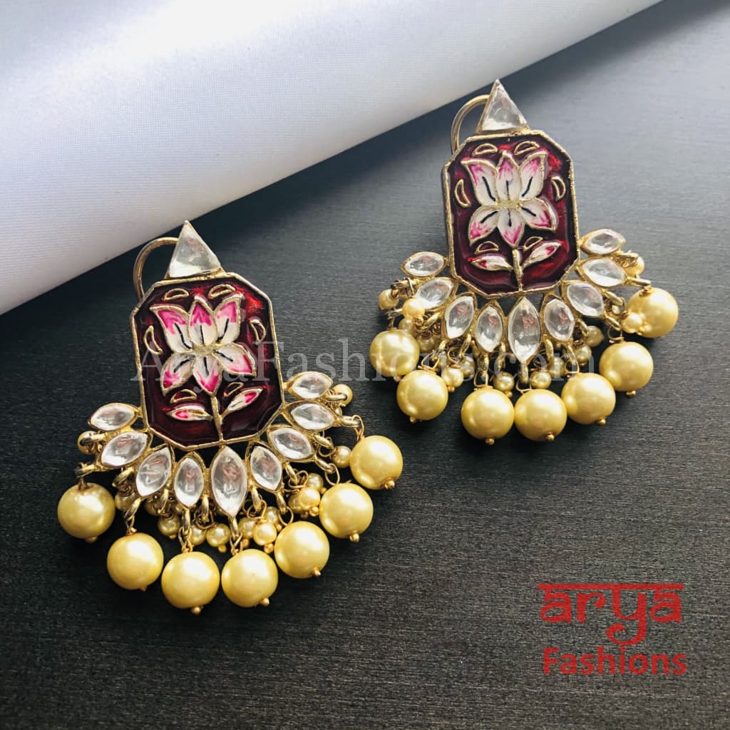 Red Lotus Meenakari Earrings/Ethnic Earrings in Gold with Kundan Stones