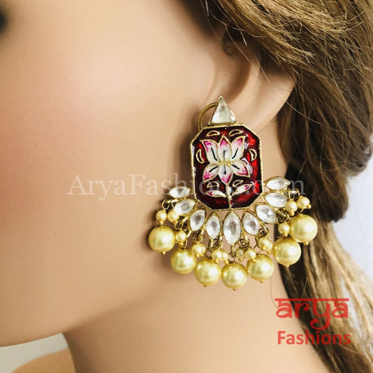 Red Lotus Meenakari Earrings/Ethnic Earrings in Gold with Kundan Stones