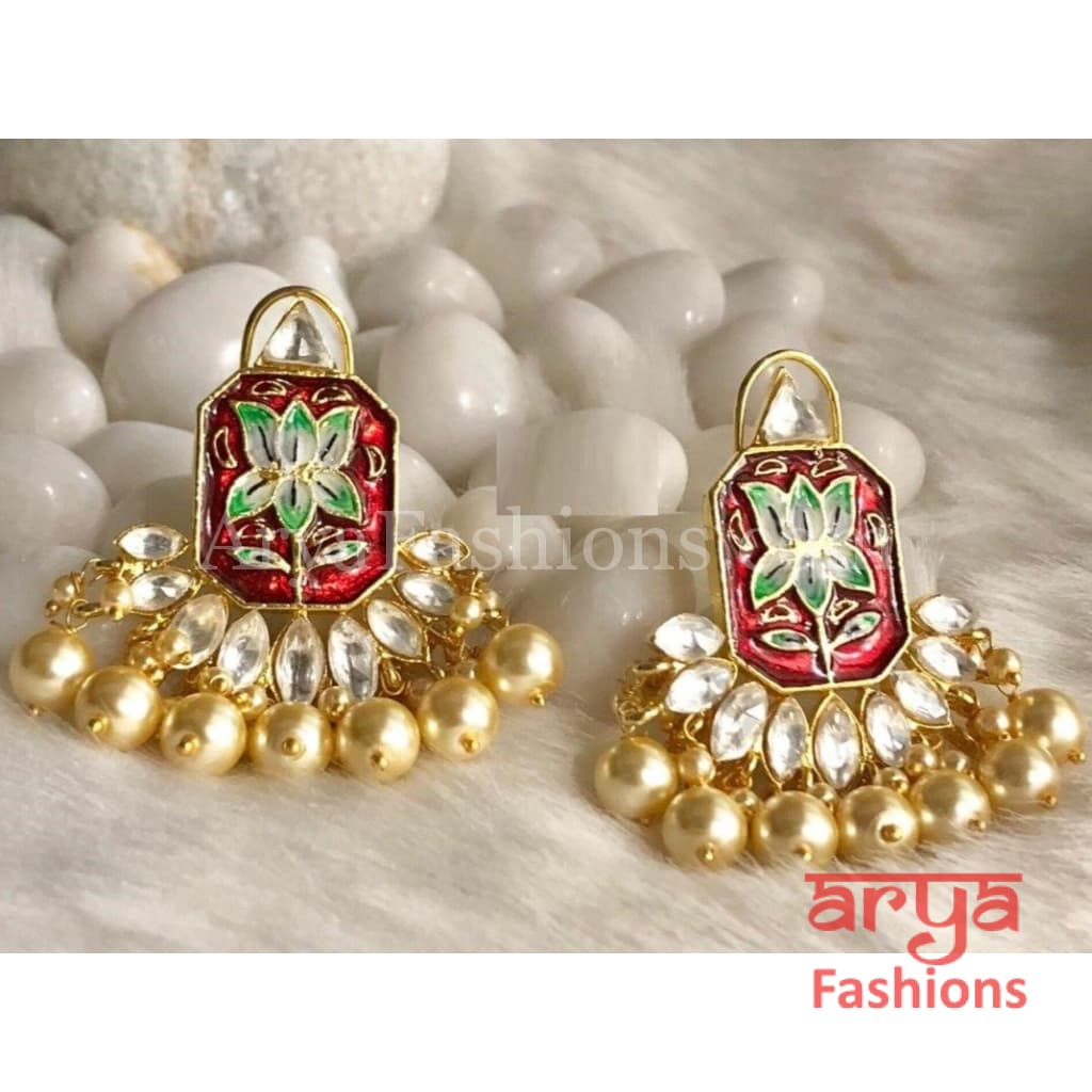 Red Lotus Meenakari Earrings/Ethnic Earrings in Gold with Kundan Stones