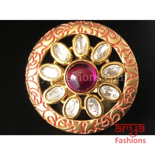 Red Meenakari Kundan Ruby Golden Ring