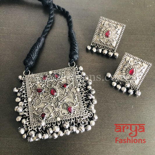 Red Oxidized Silver Ethnic/Tribal/Indian/Bollywood Necklace