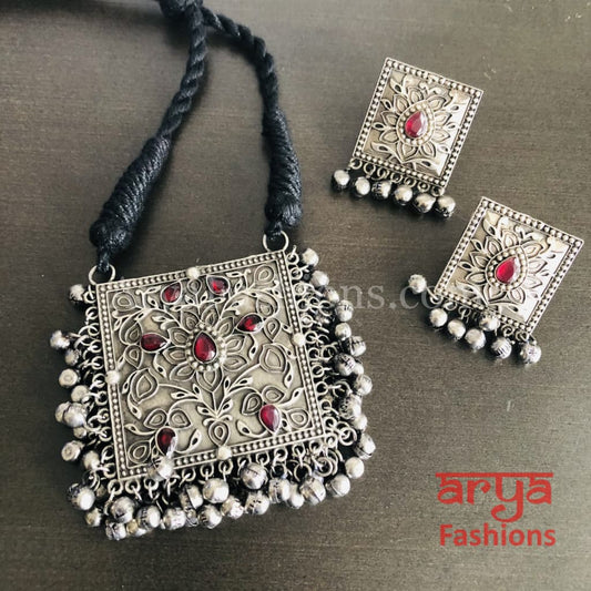 Red Oxidized Silver Ethnic/Tribal/Indian/Bollywood Necklace