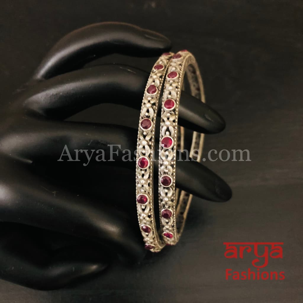 Red Ruby Silver Oxidized Bangles Pair of 2