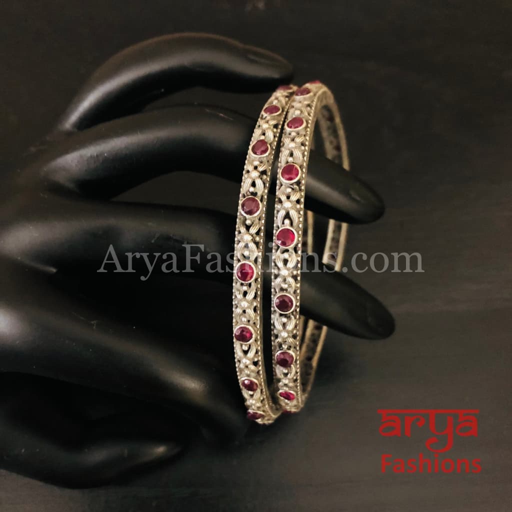 Red Ruby Silver Oxidized Bangles Pair of 2