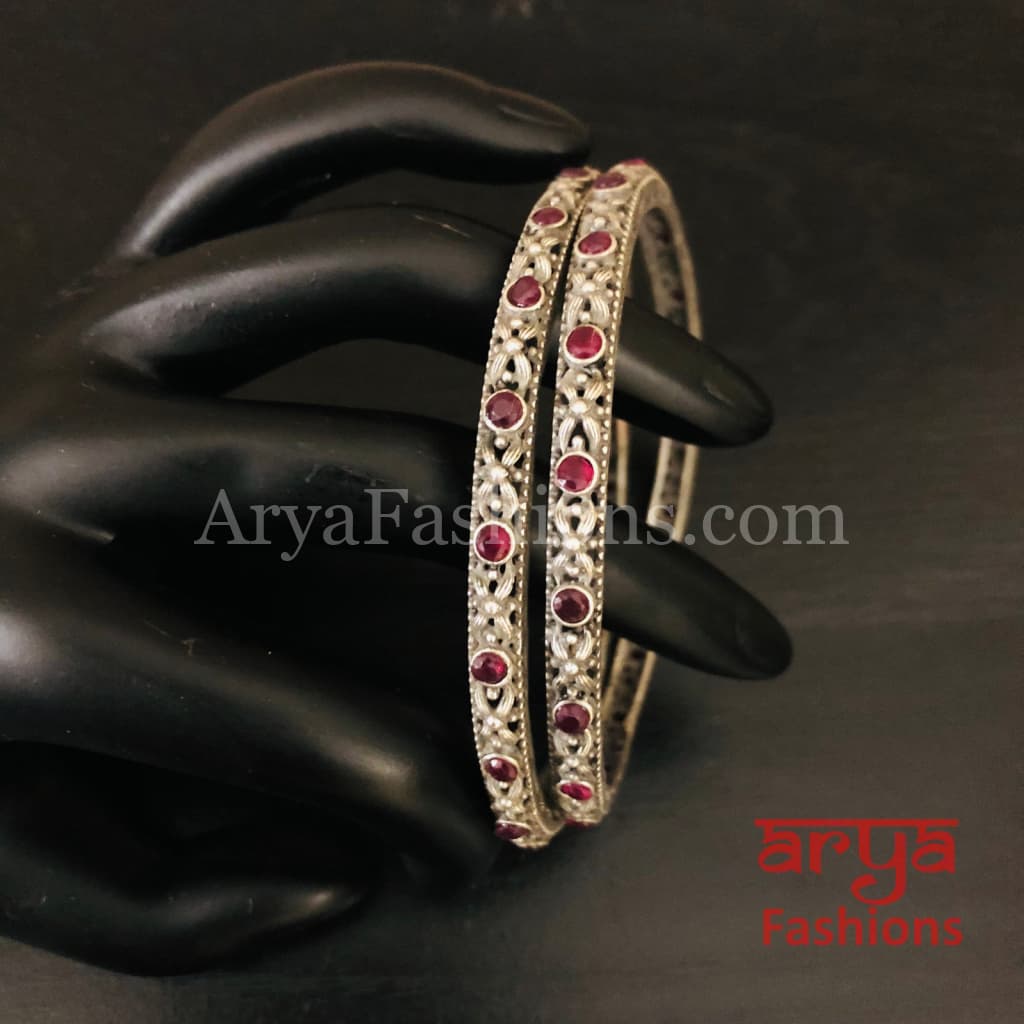Red Ruby Silver Oxidized Bangles Pair of 2