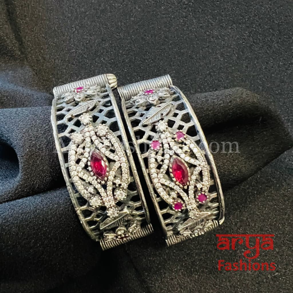 Red Silver Oxidized Bangles with CZ Stones/ Size 2.4 2.6