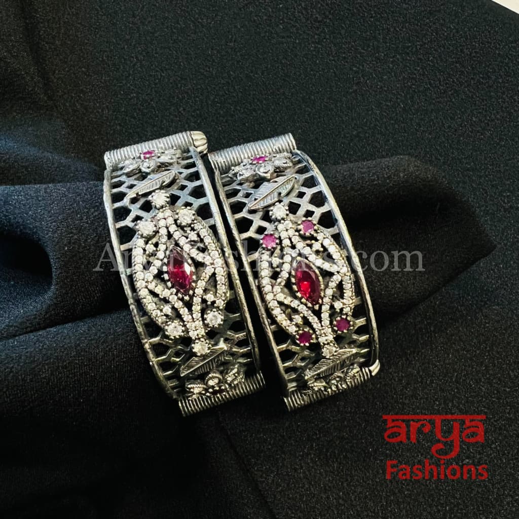 Red Silver Oxidized Bangles with CZ Stones/ Size 2.4 2.6