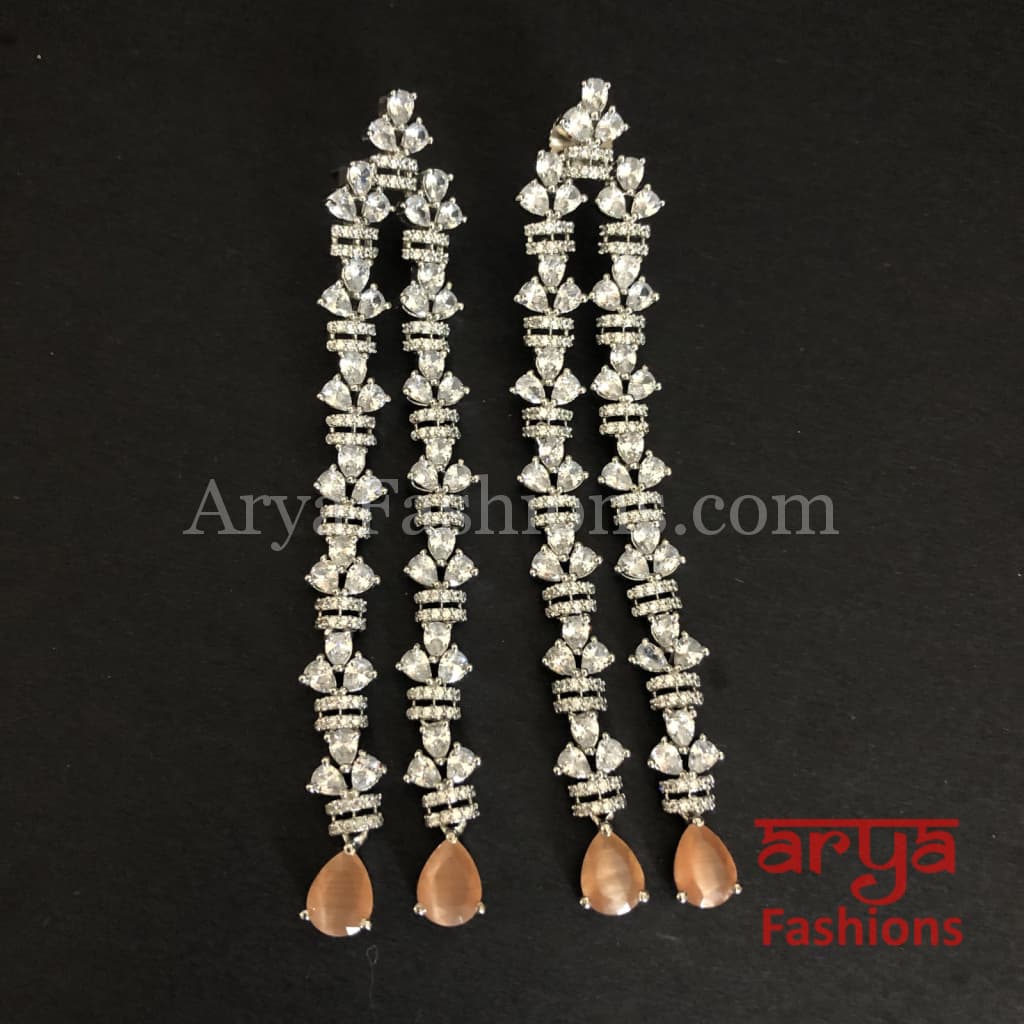 Ria CZ Designer Silver Earrings with Pink/Peach/Mint Green stones