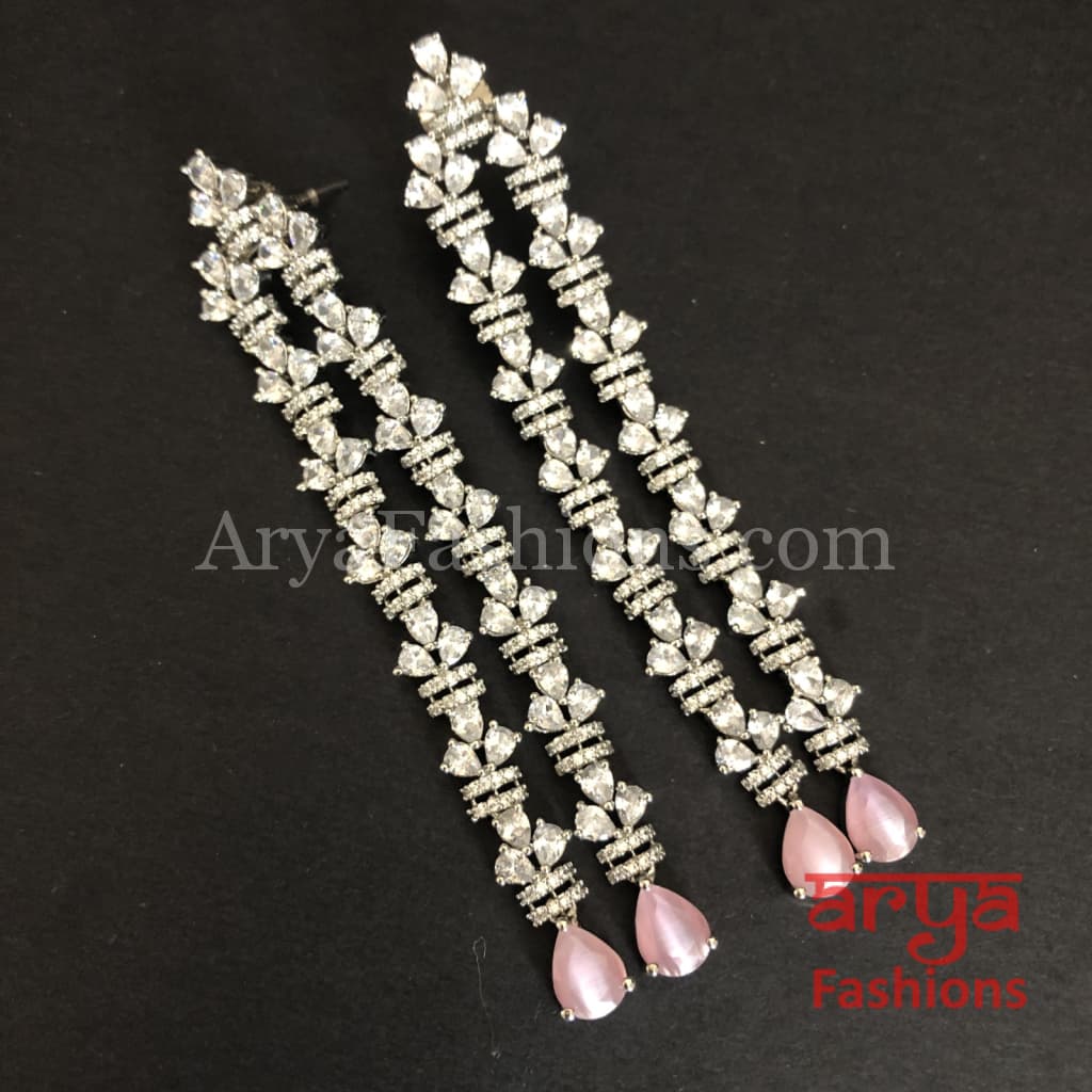 Ria CZ Designer Silver Earrings with Pink/Peach/Mint Green stones