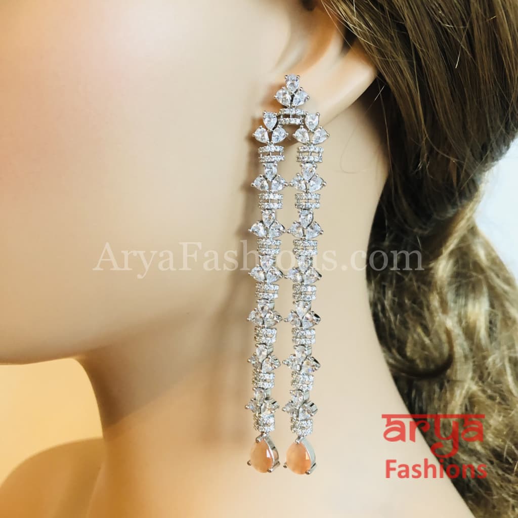 Ria CZ Designer Silver Earrings with Pink/Peach/Mint Green stones