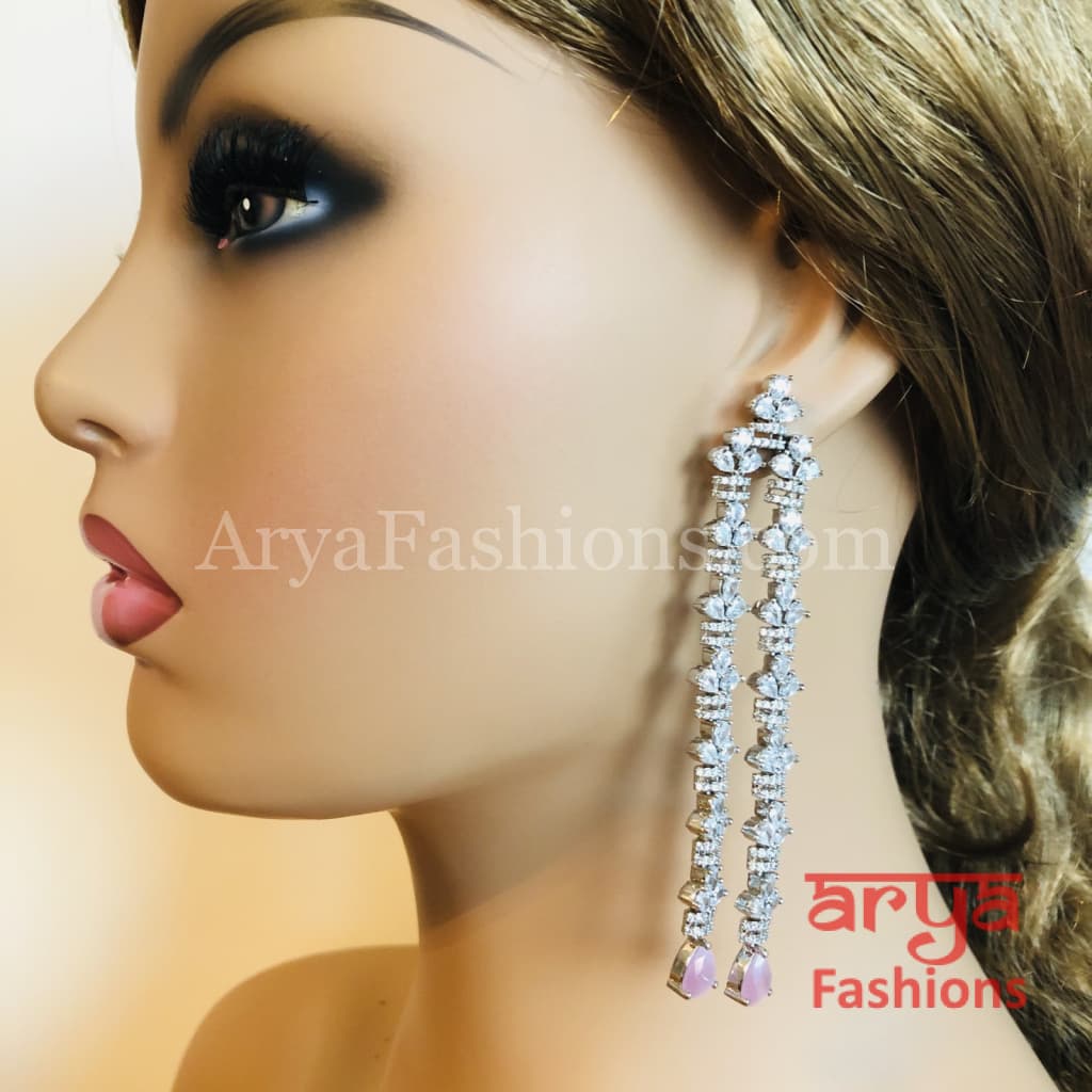 Ria CZ Designer Silver Earrings with Pink/Peach/Mint Green stones