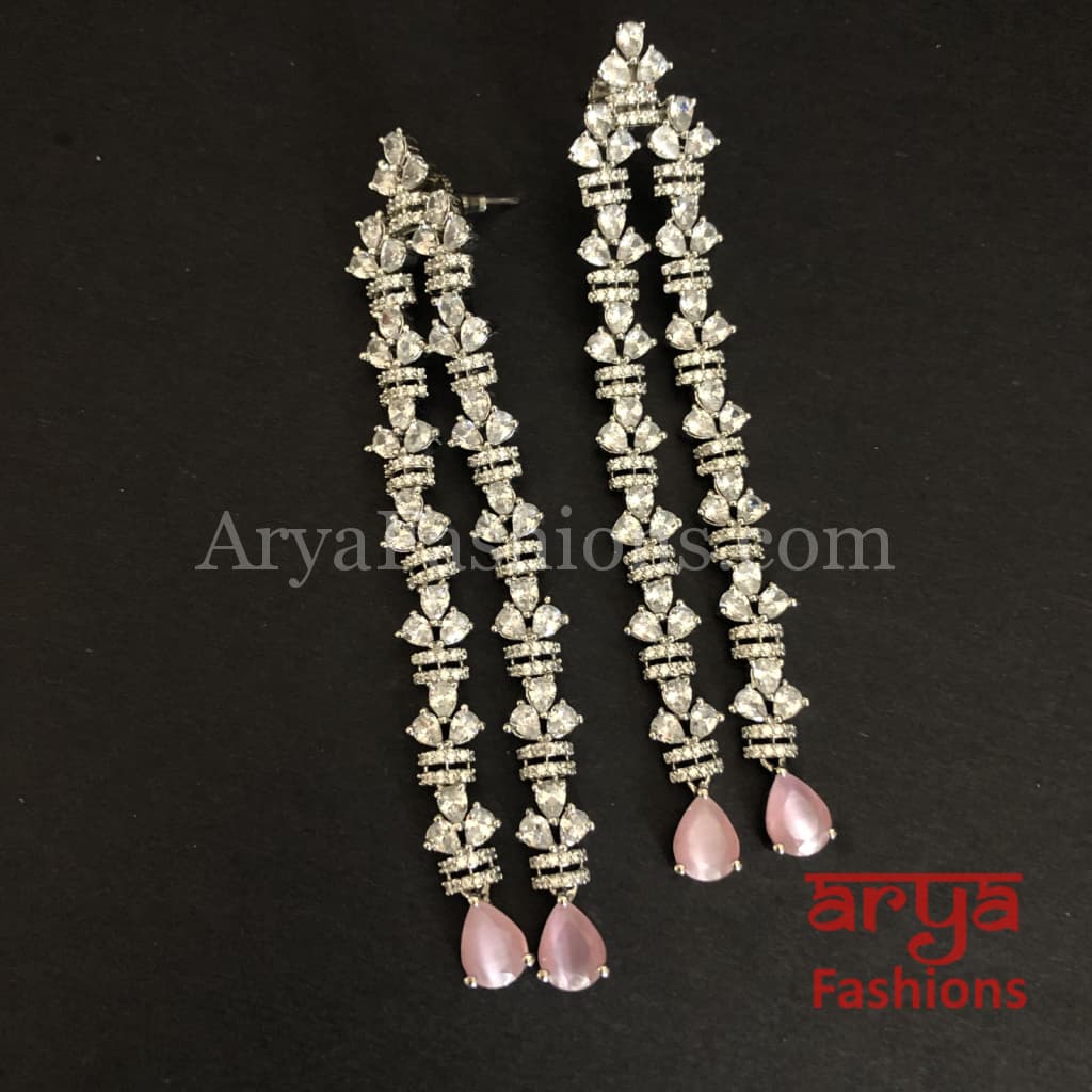 Ria CZ Designer Silver Earrings with Pink/Peach/Mint Green stones