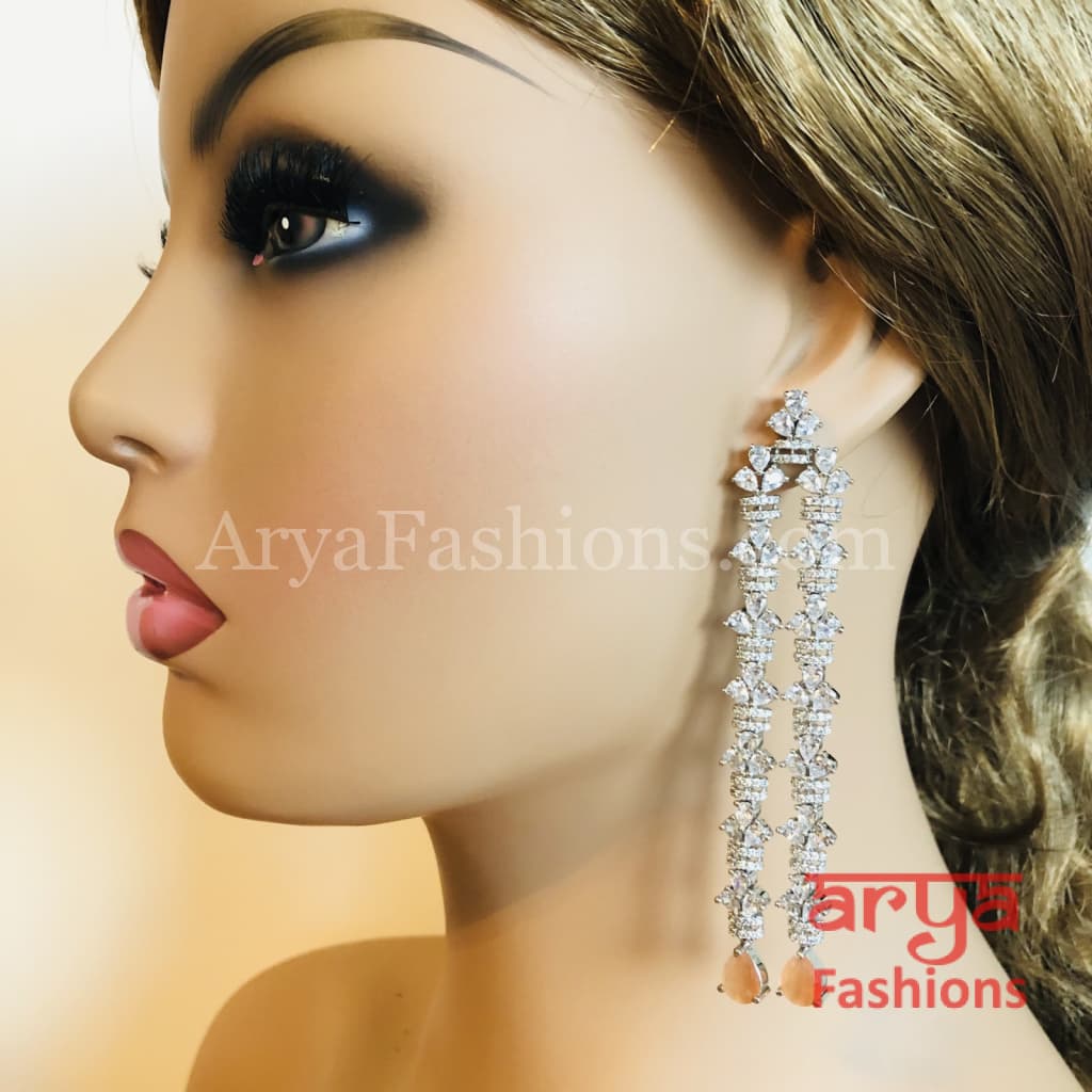 Ria CZ Designer Silver Earrings with Pink/Peach/Mint Green stones