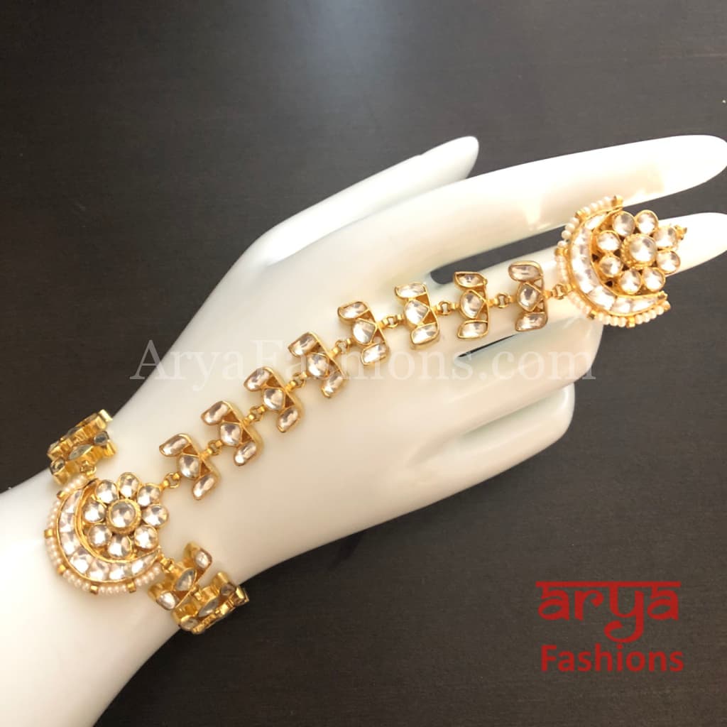 Buy White Pearls & Kundan Stones Layered Haath Phool Gold Plated Ring  Bracelet Bollywood Bridal Indian Jewelry Gifts for Her Online in India -  Etsy