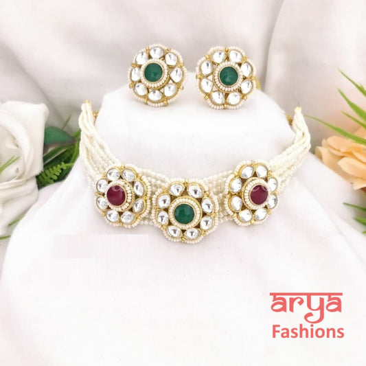 Rinisha Kundan Pearl Choker with Ruby Emerald Stones