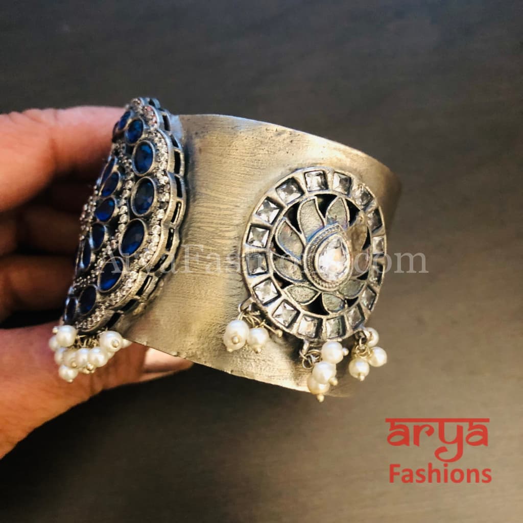 Risha Blue Beads Handwork Oxidized Silver Statement Cuff Bracelet