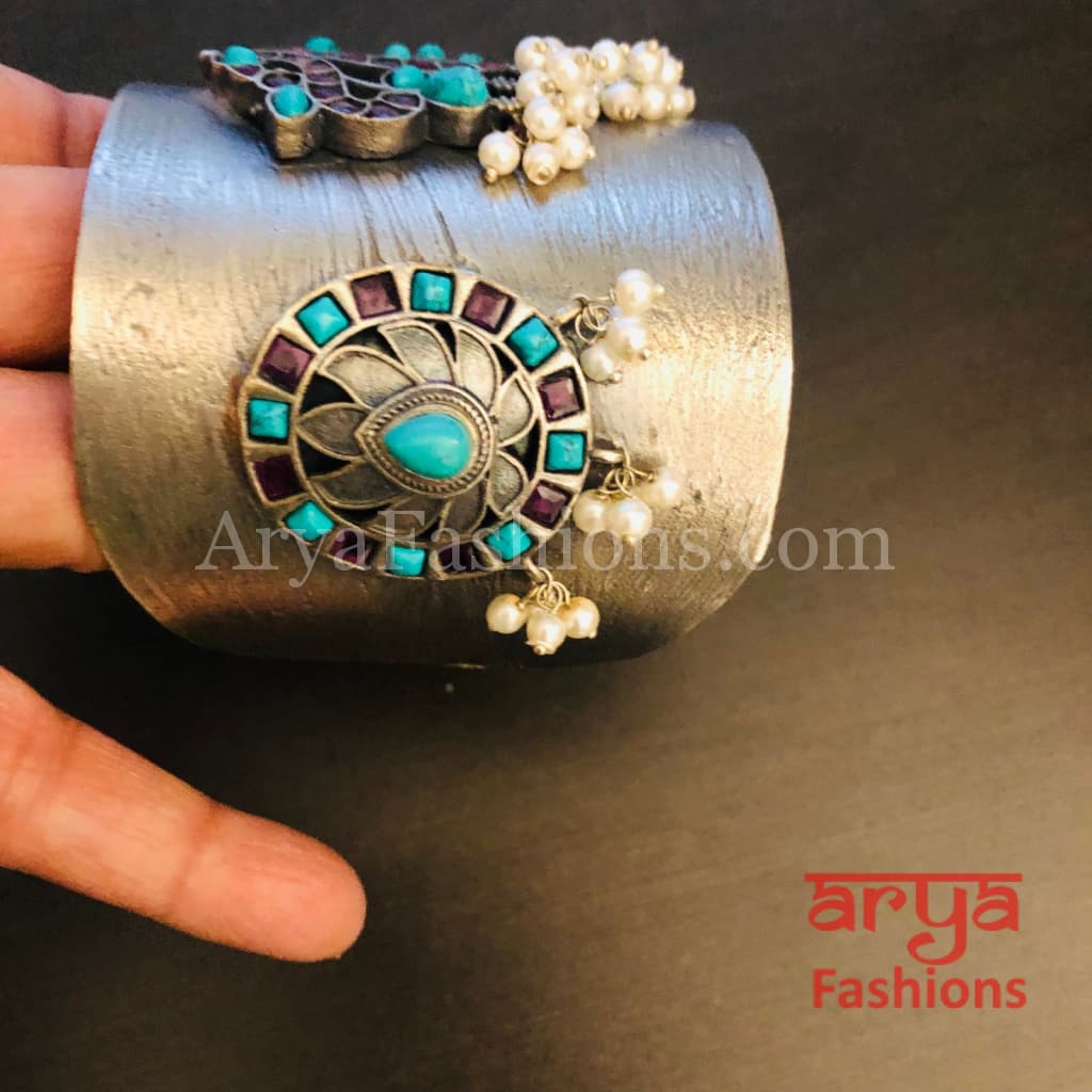 Risha Statement Cuff Bracelet/ Silver Oxidized Openable Bracelet