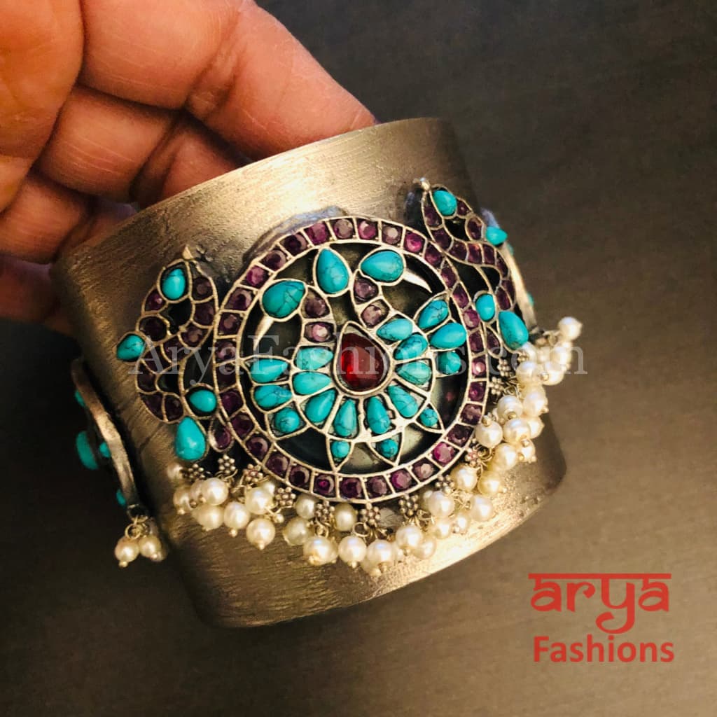 Risha Statement Cuff Bracelet/ Silver Oxidized Openable Bracelet
