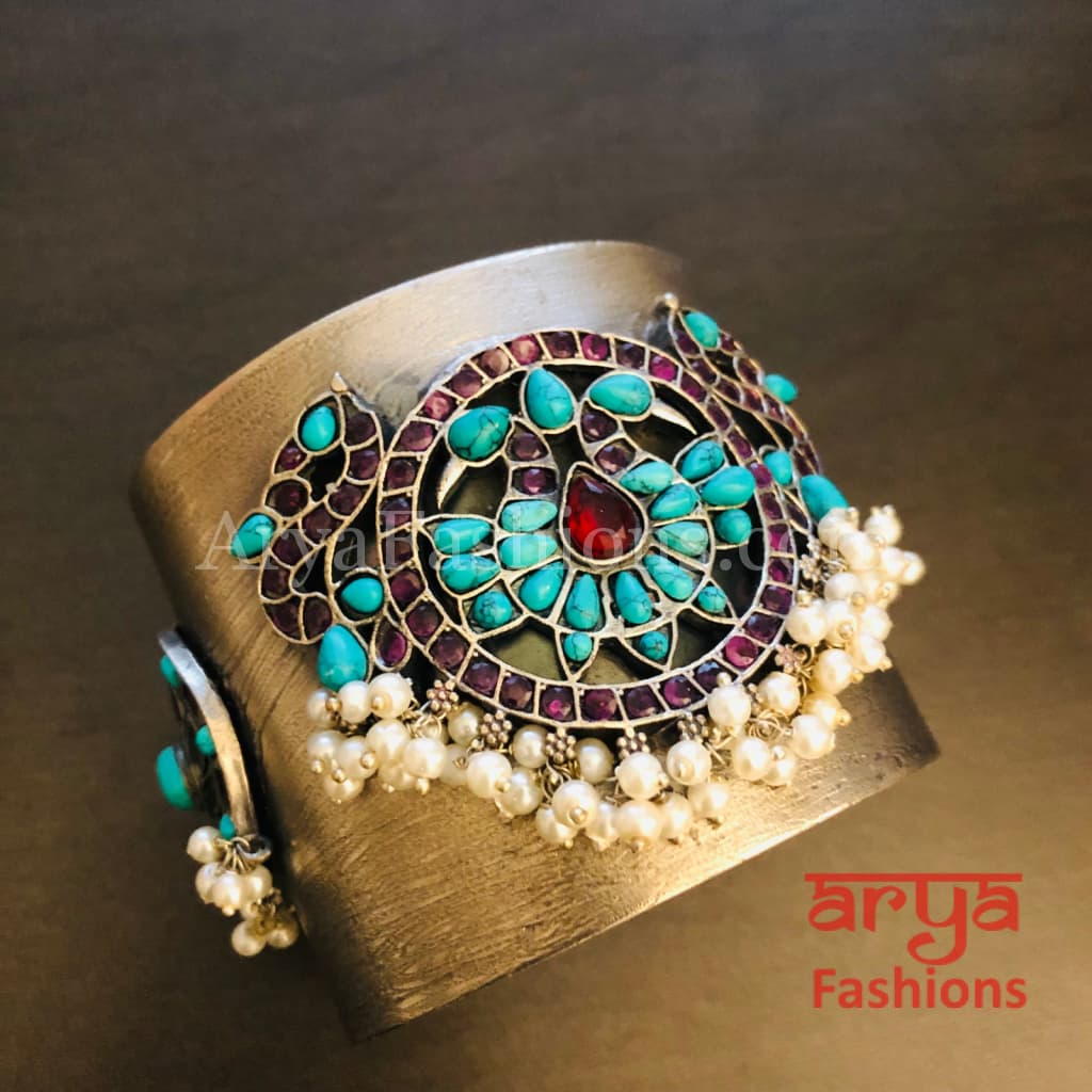 Risha Statement Cuff Bracelet/ Silver Oxidized Openable Bracelet