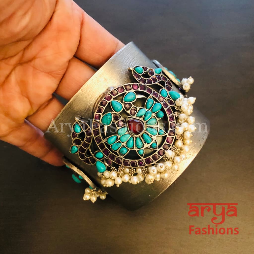 Risha Statement Cuff Bracelet/ Silver Oxidized Openable Bracelet