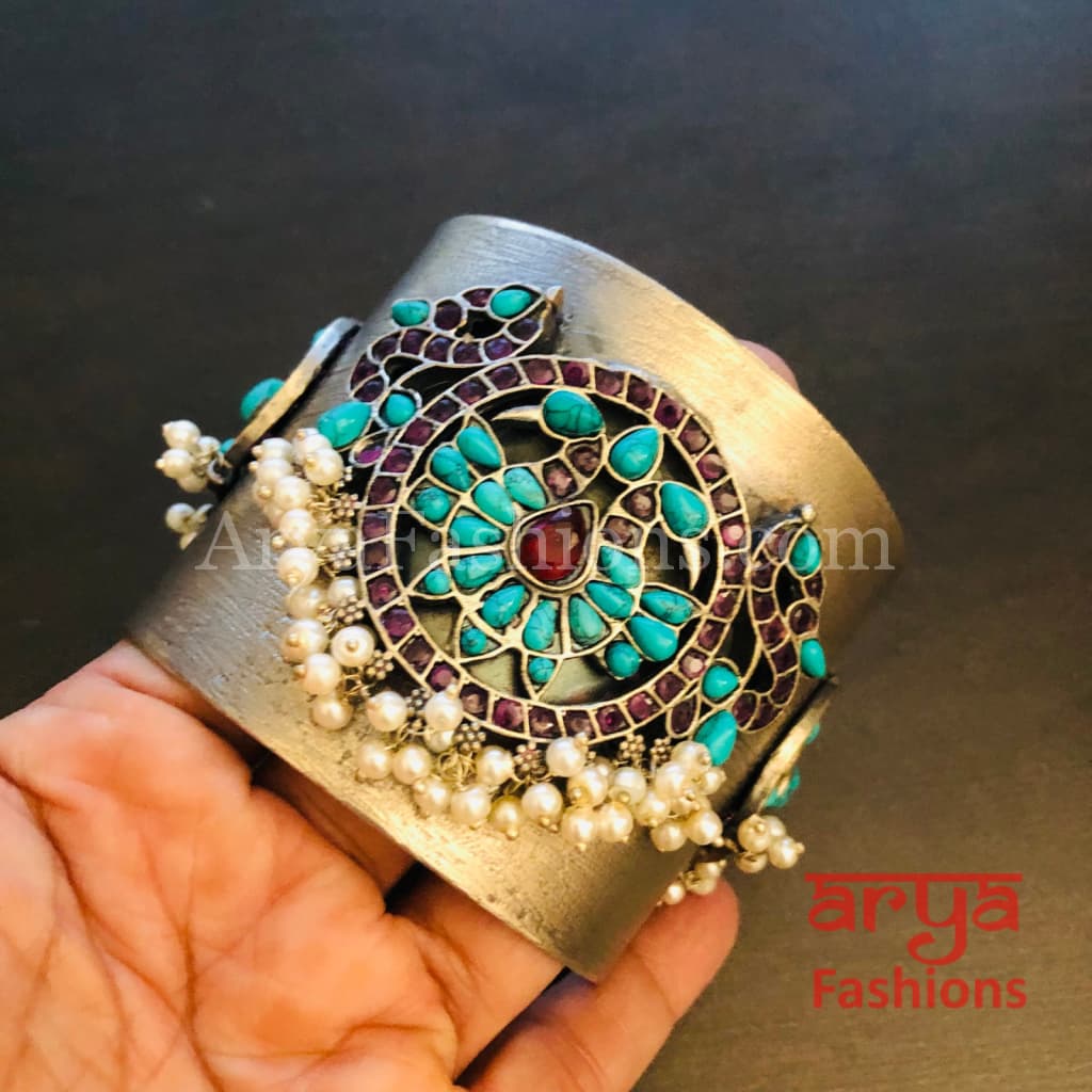 Risha Statement Cuff Bracelet/ Silver Oxidized Openable Bracelet
