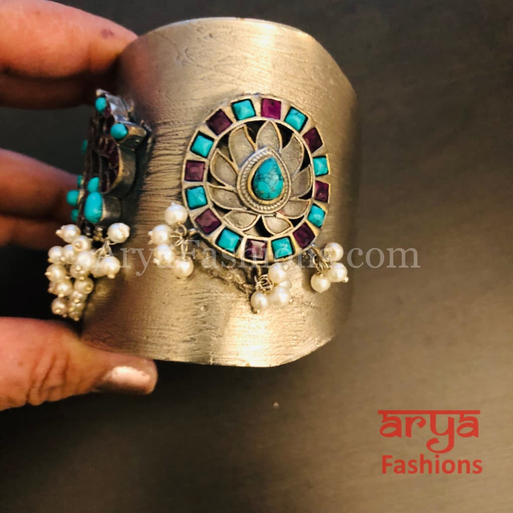 Risha Statement Cuff Bracelet/ Silver Oxidized Openable Bracelet