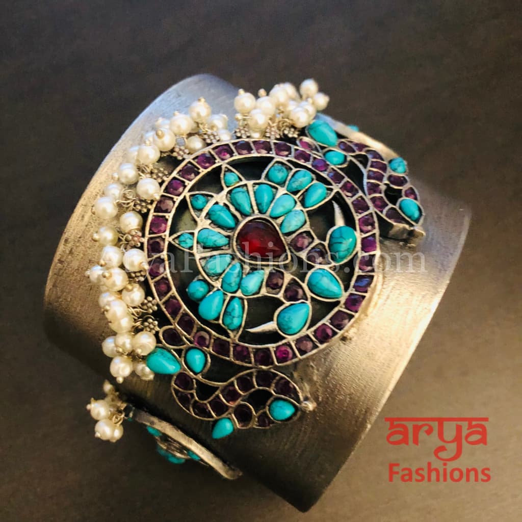 Risha Statement Cuff Bracelet/ Silver Oxidized Openable Bracelet