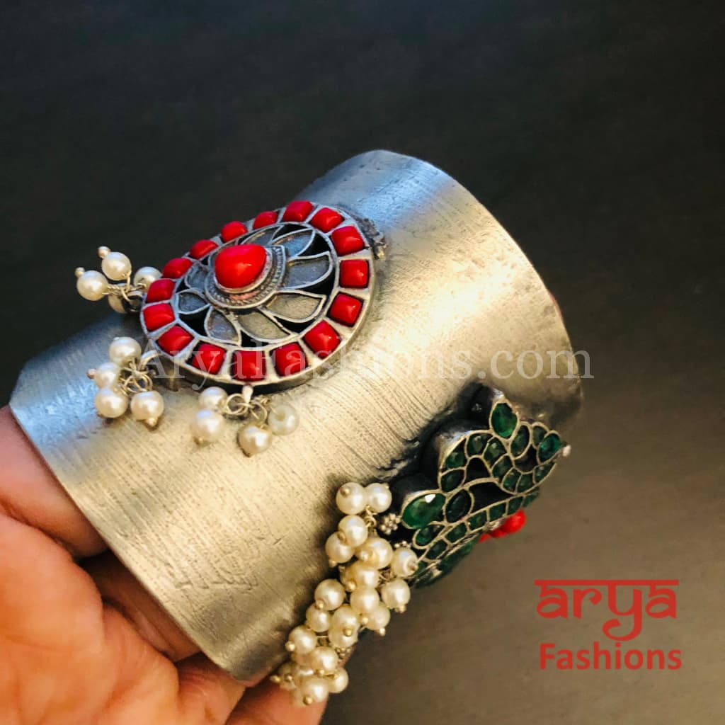 Risha Statement Cuff Bracelet/ Silver Oxidized Openable Bracelet