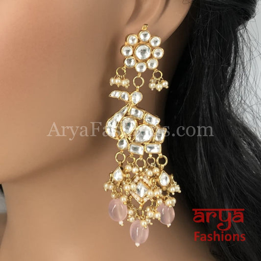 Rohini Kundan Peacock Earrings with Light Pink Beads