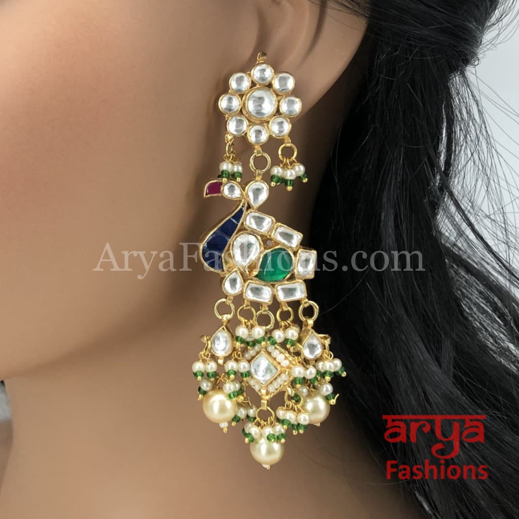 Rohini Ruby Emerald Kundan Peacock Earrings with Pearl Beads