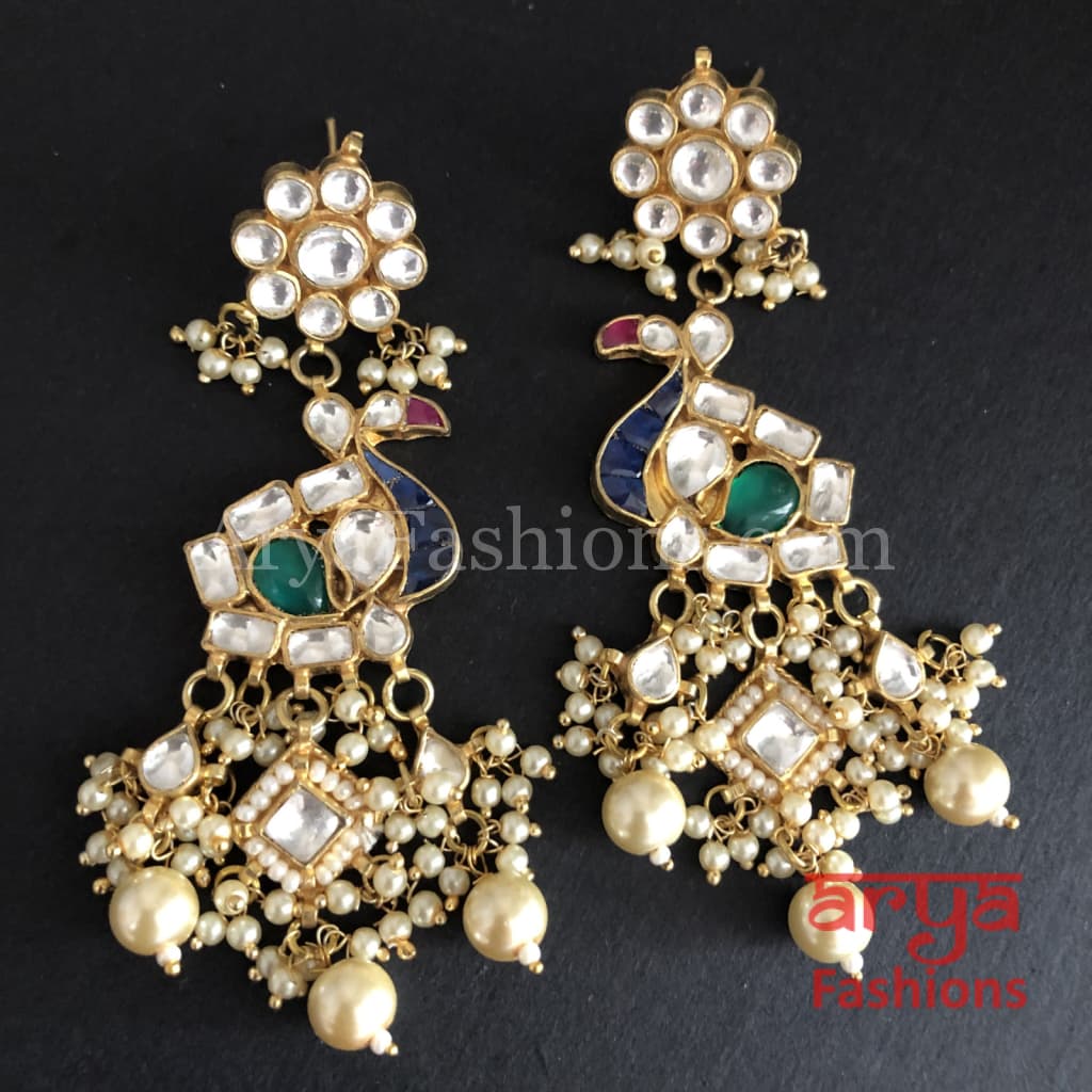 Rohini Ruby Emerald Kundan Peacock Earrings with Pearl Beads