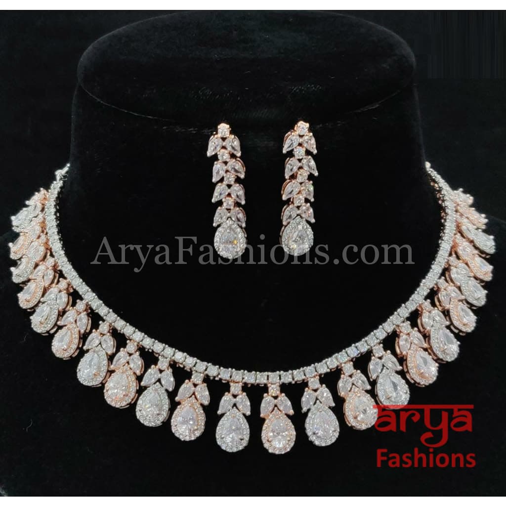 Rose Gold CZ Choker Necklace with designer Earrings