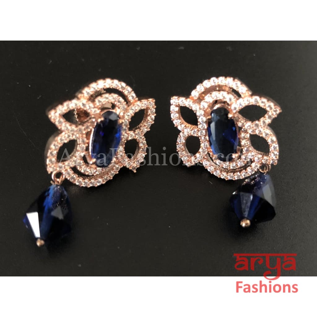 Rose Gold Cubic Zirconia studs with Blue Beads