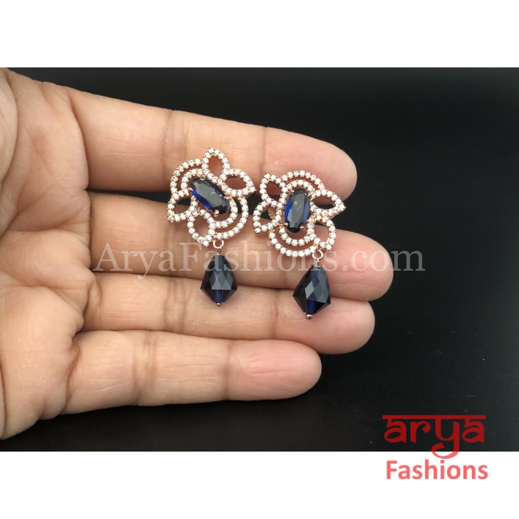 Rose Gold Cubic Zirconia studs with Blue Beads