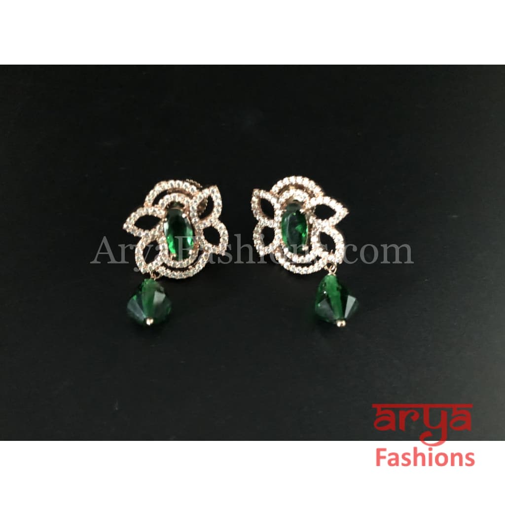 Rose Gold Cubic Zirconia studs with Green Beads