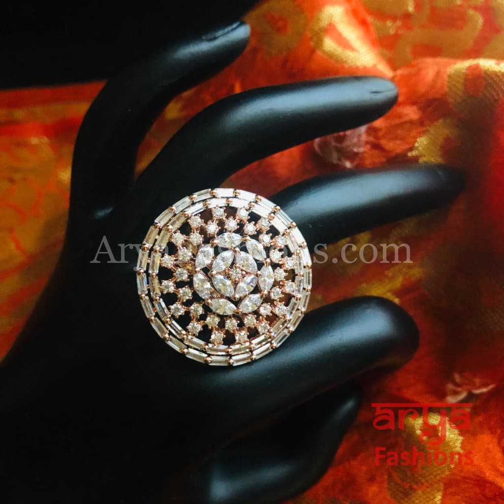 Rose Gold CZ Statement Ring/ Silver Cocktail Ring