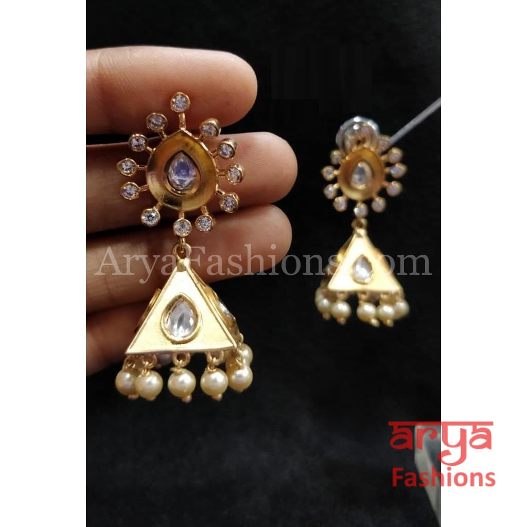 Rose Gold Jhumka Earring with Pearls and Kundan Stones