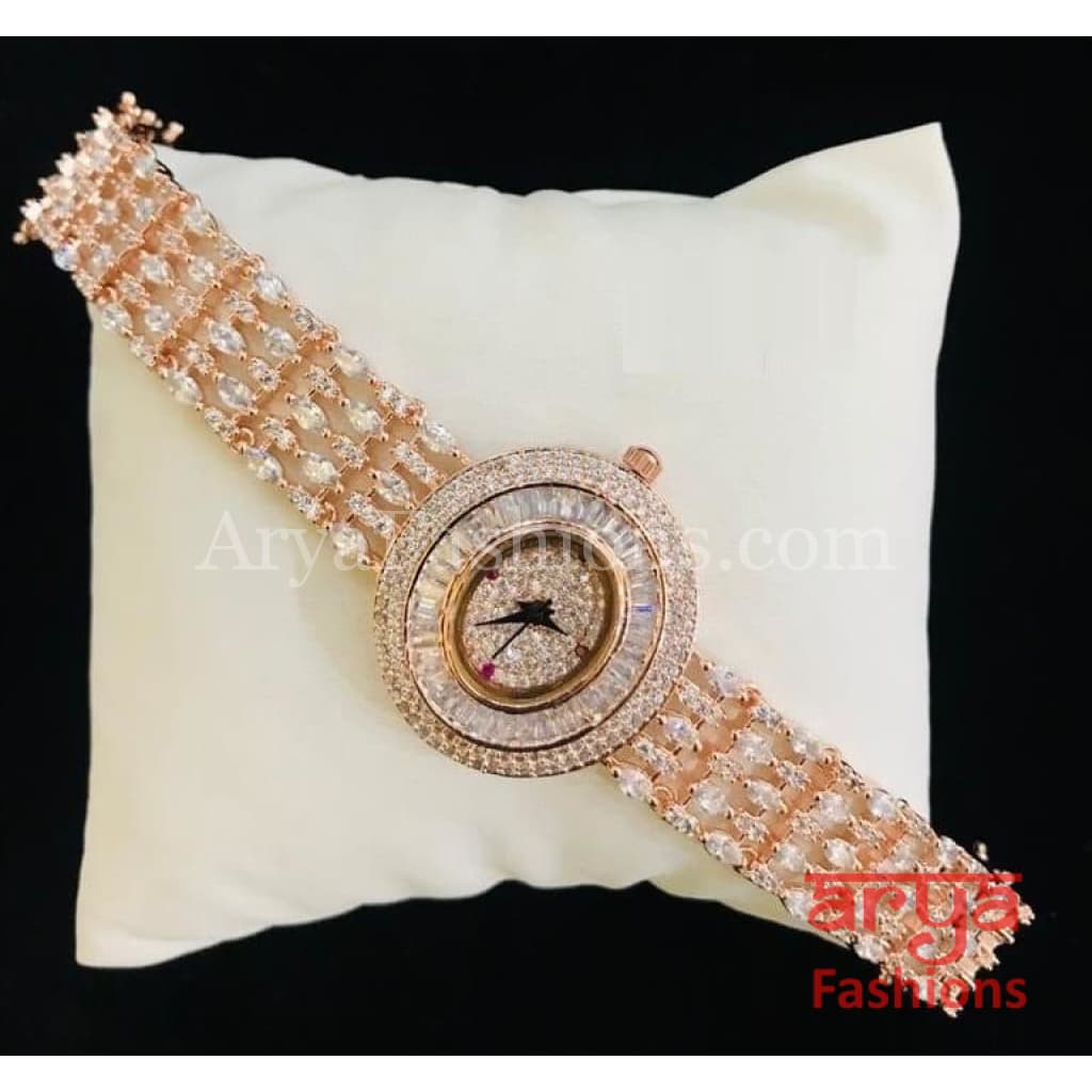 Rose Gold Oval Dial CZ Bracelet Watch/ Victorian Stone Designer Female Wrist 