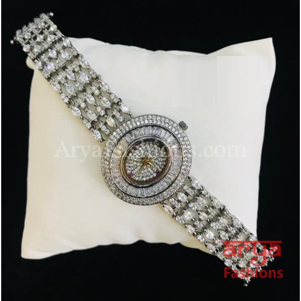 Rose Gold Oval Dial CZ Bracelet Watch/ Victorian Stone Designer Female Wrist 