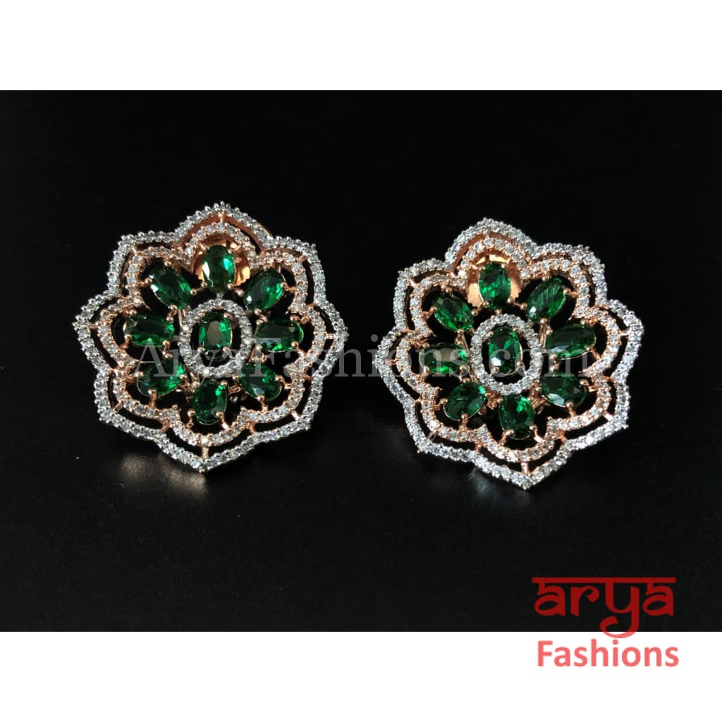 Rose Gold Silver Cubic Zirconia Studs with Green Stones